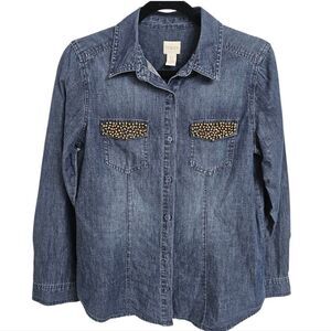 Chico's -484 Denim Button Down Western Shirt Embellished Pockets sz 0/ Small / 4
